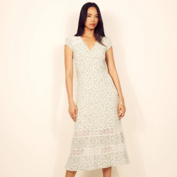 Reformation Lewa Green and White Floral Midi Dress NWT Sz 4 - Picture 1 of 5